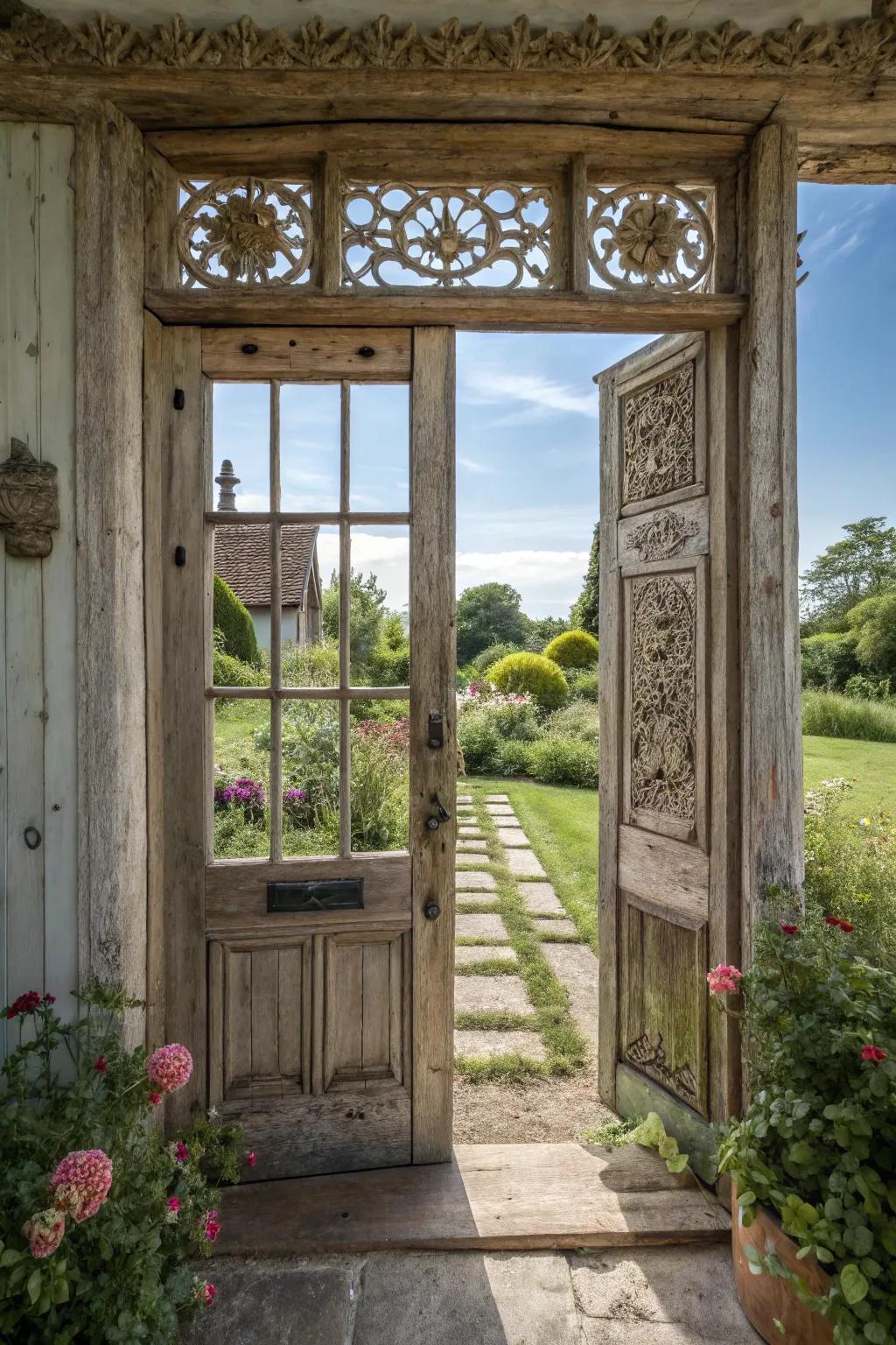 A classic wood door alongside a clear glass sidelight extends a warm welcome.