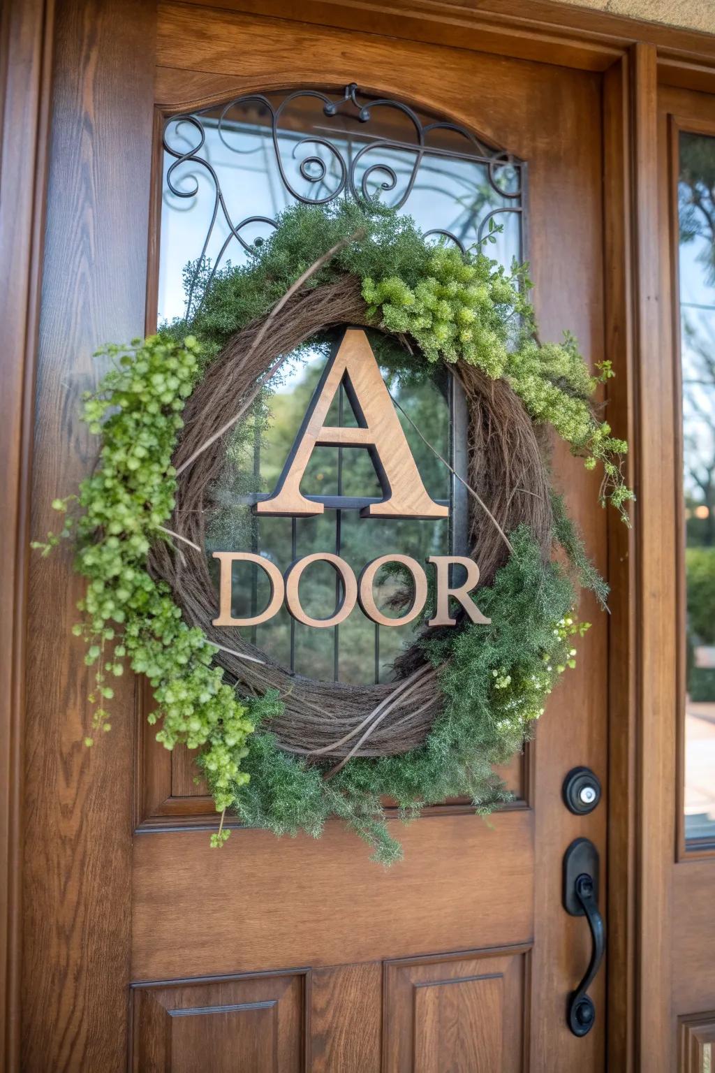 A personalized initial wreath enhancing the entrance with a personal flourish.