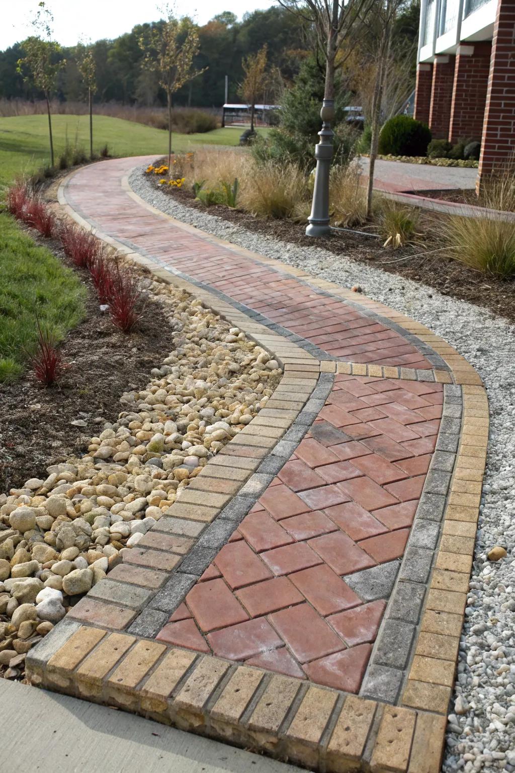 A textured walkway incorporating clay and small rocks for a distinctive appearance.