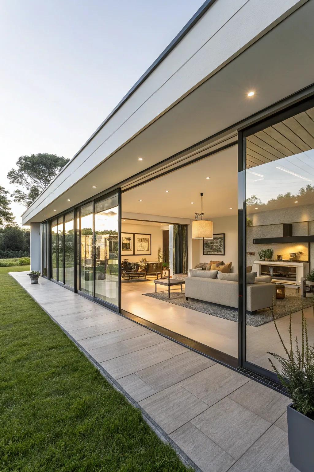 A modern home showcasing expansive glass panes that brighten the interior.