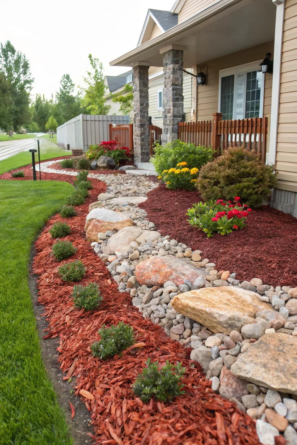 Decorative mulch and gravel maintain a stylish, neat yard.