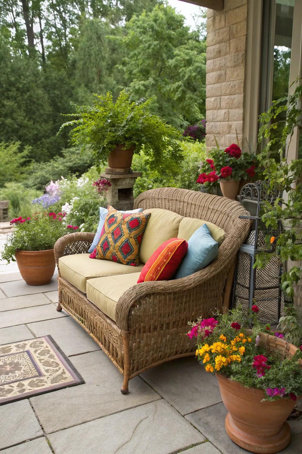 Rattan sofas unite robustness with comfort for a welcoming patio design.