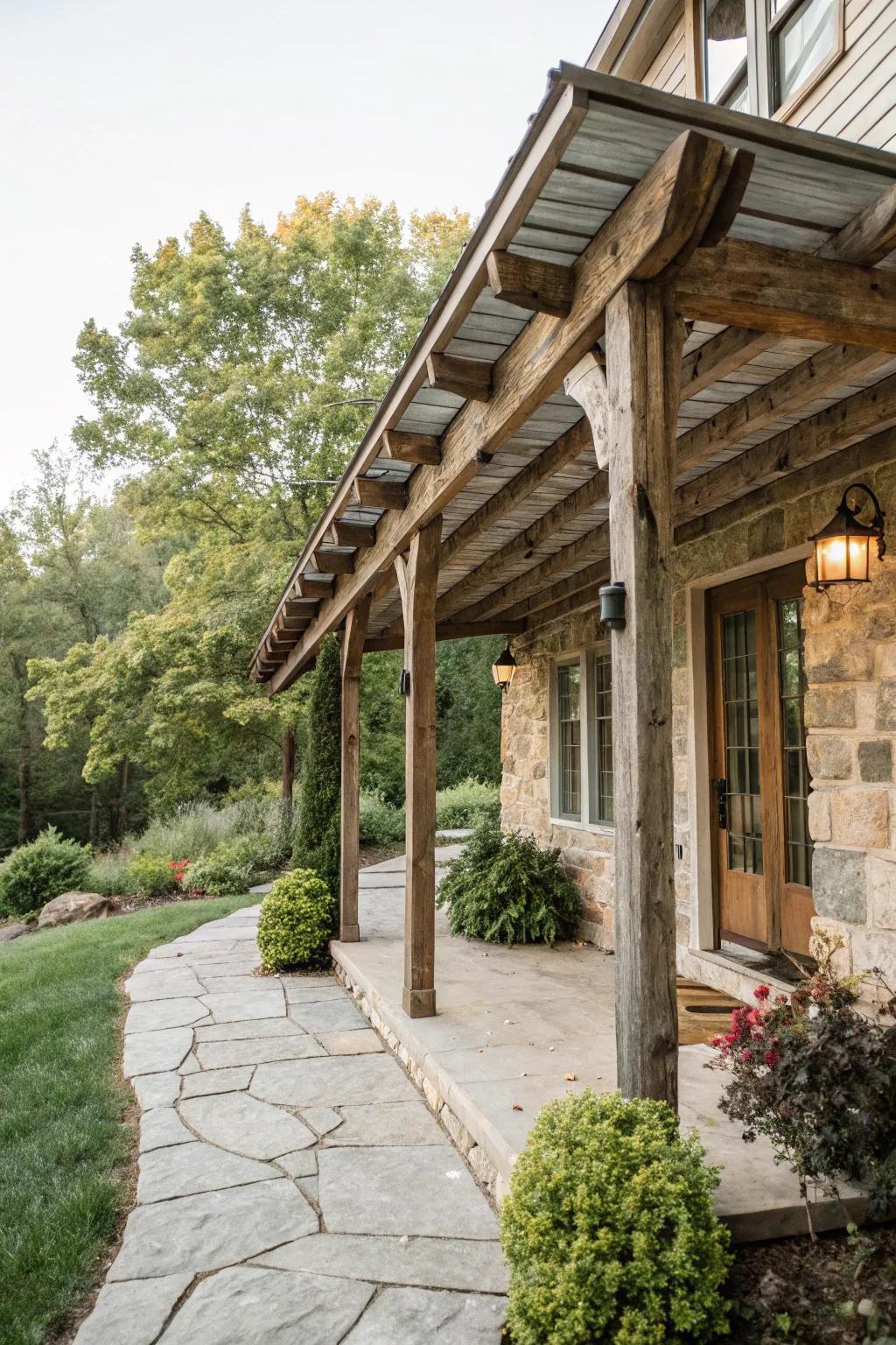 Rustic wooden beams infuse a natural element to your porch.