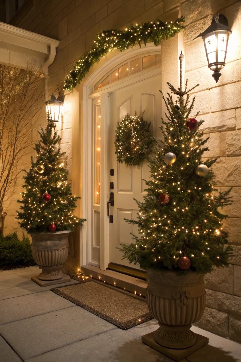 Small holiday trees in vessels fashion a cheerful entrance.