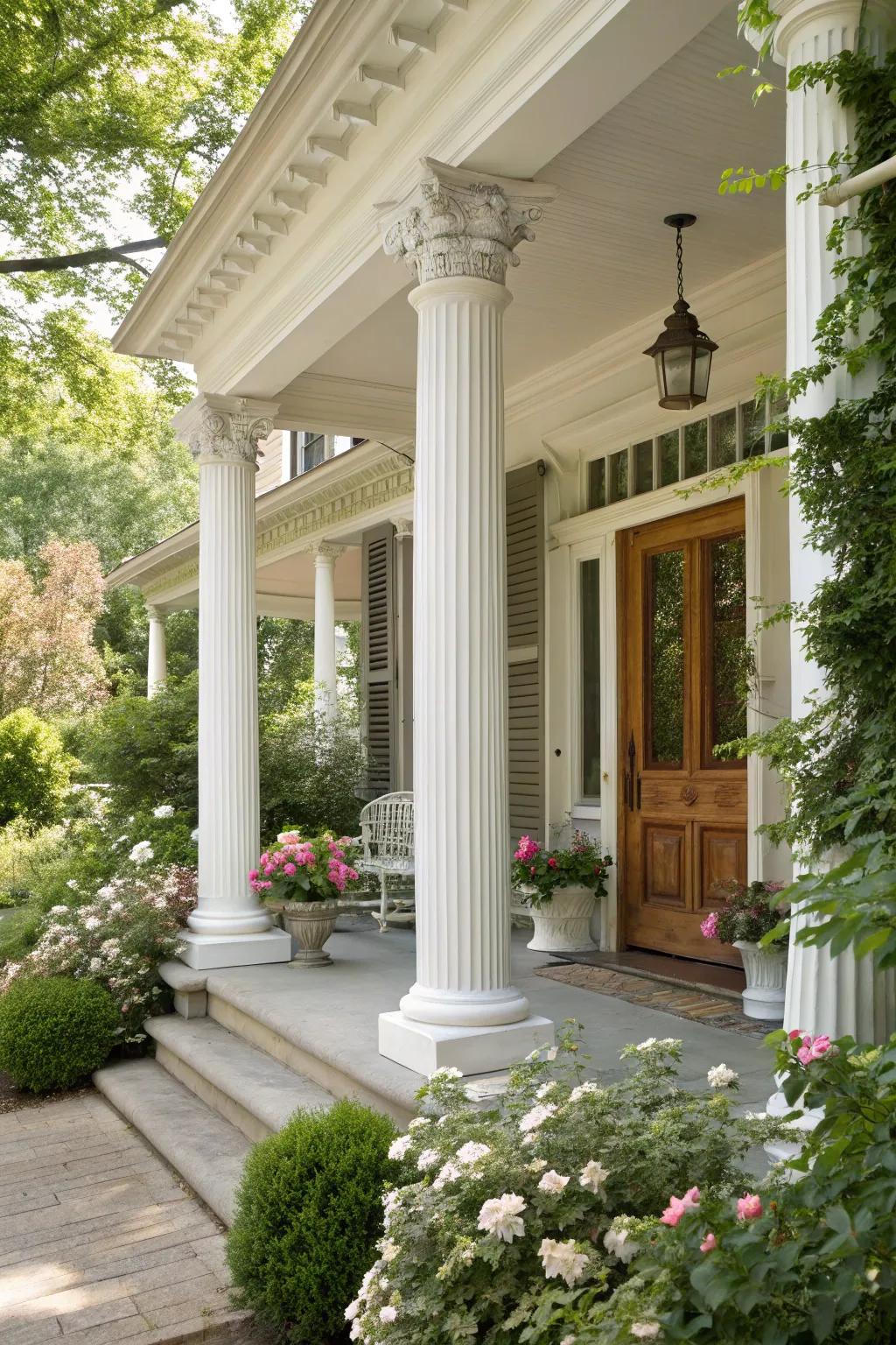 The porch gains a classic and sophisticated appearance from its white columns.