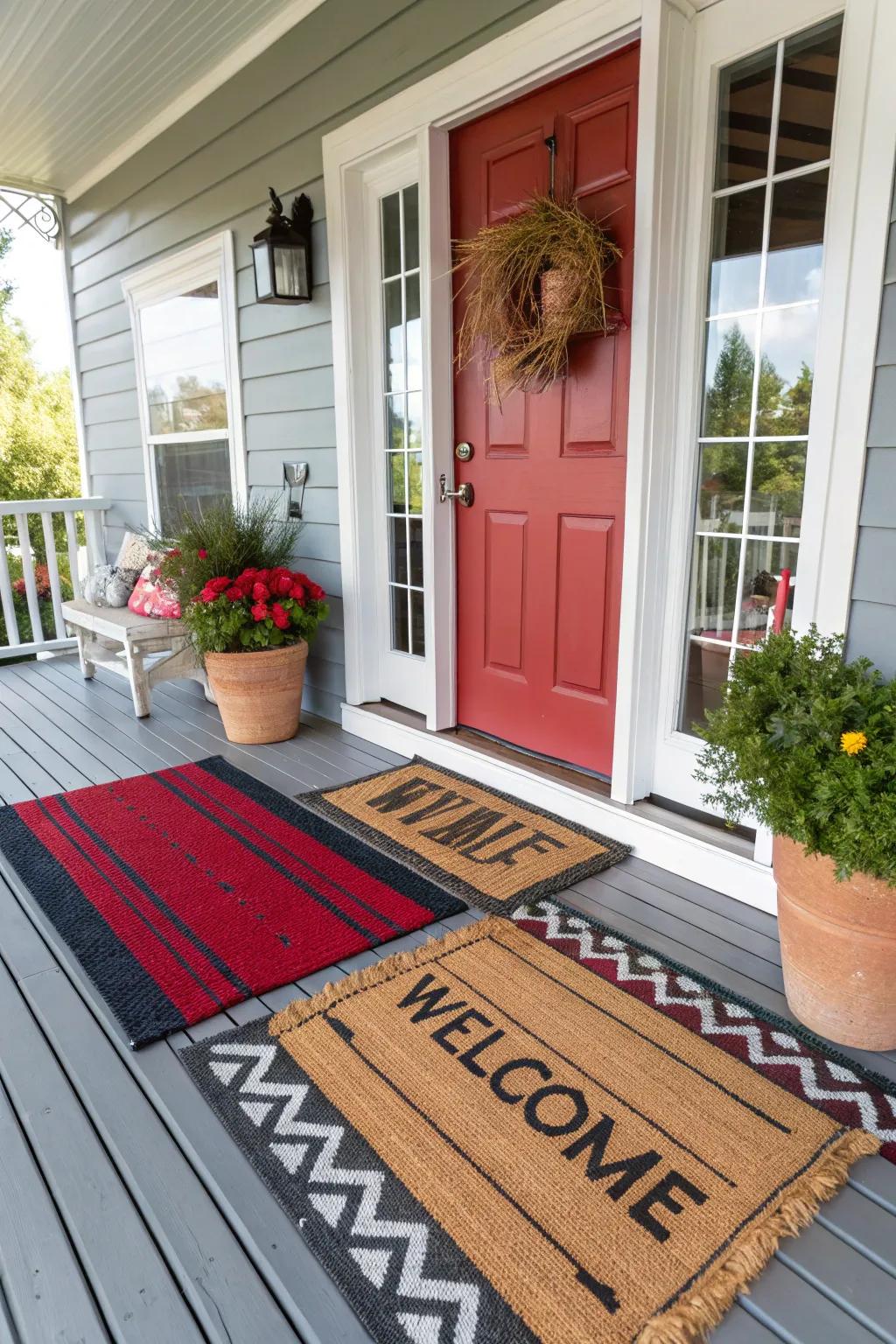 Layered rugs enhancing texture and warmth on a front porch.