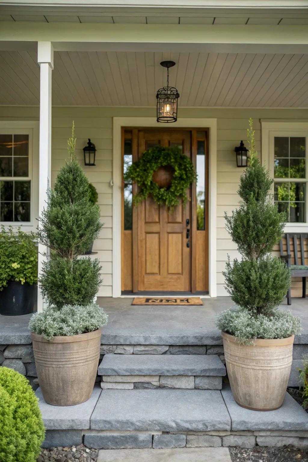 A harmonious front porch design with symmetrical plant arrangements.
