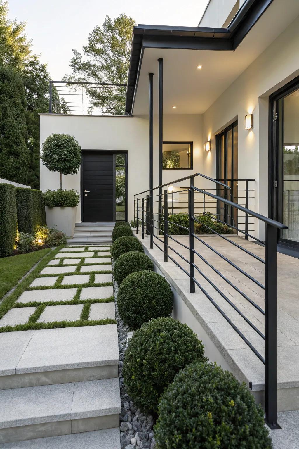 Sleek metal railings give a modern twist to your front steps.