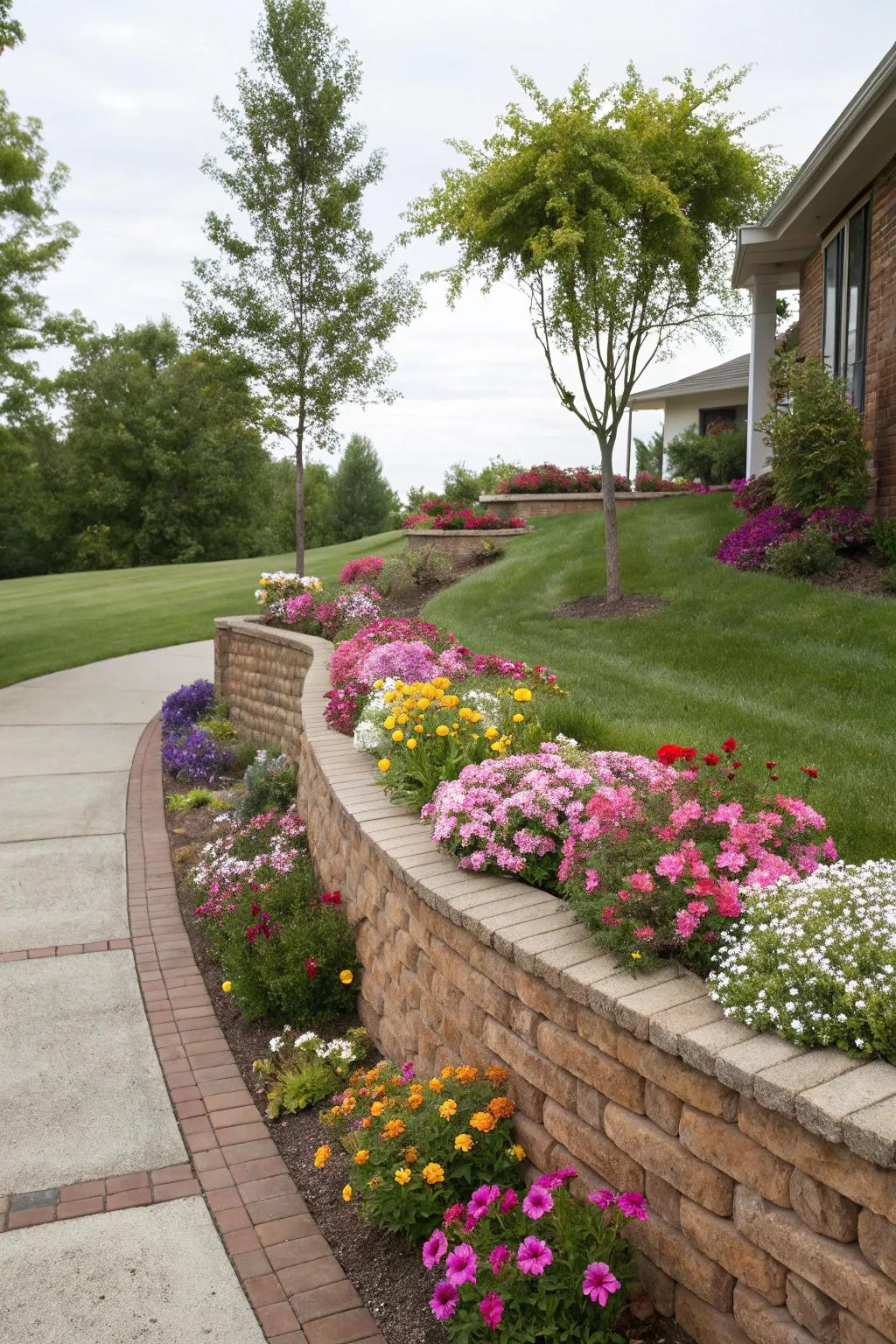 A strong brick retaining wall enhances the garden's elegance.