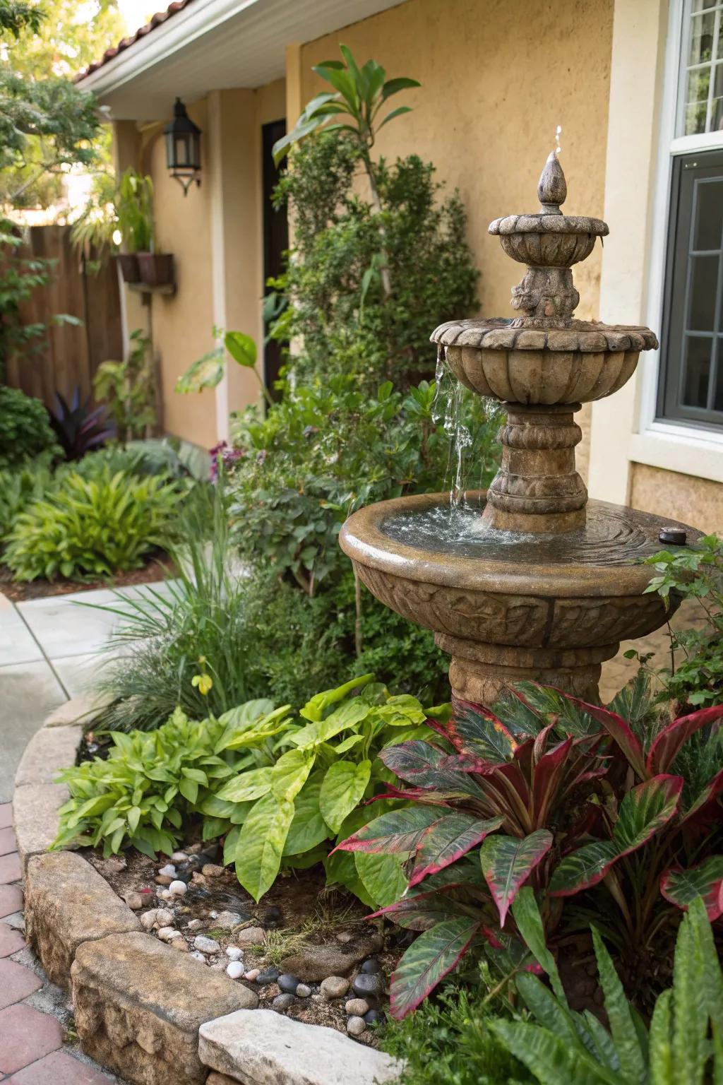 An attractive water element enlivening a front yard corner.