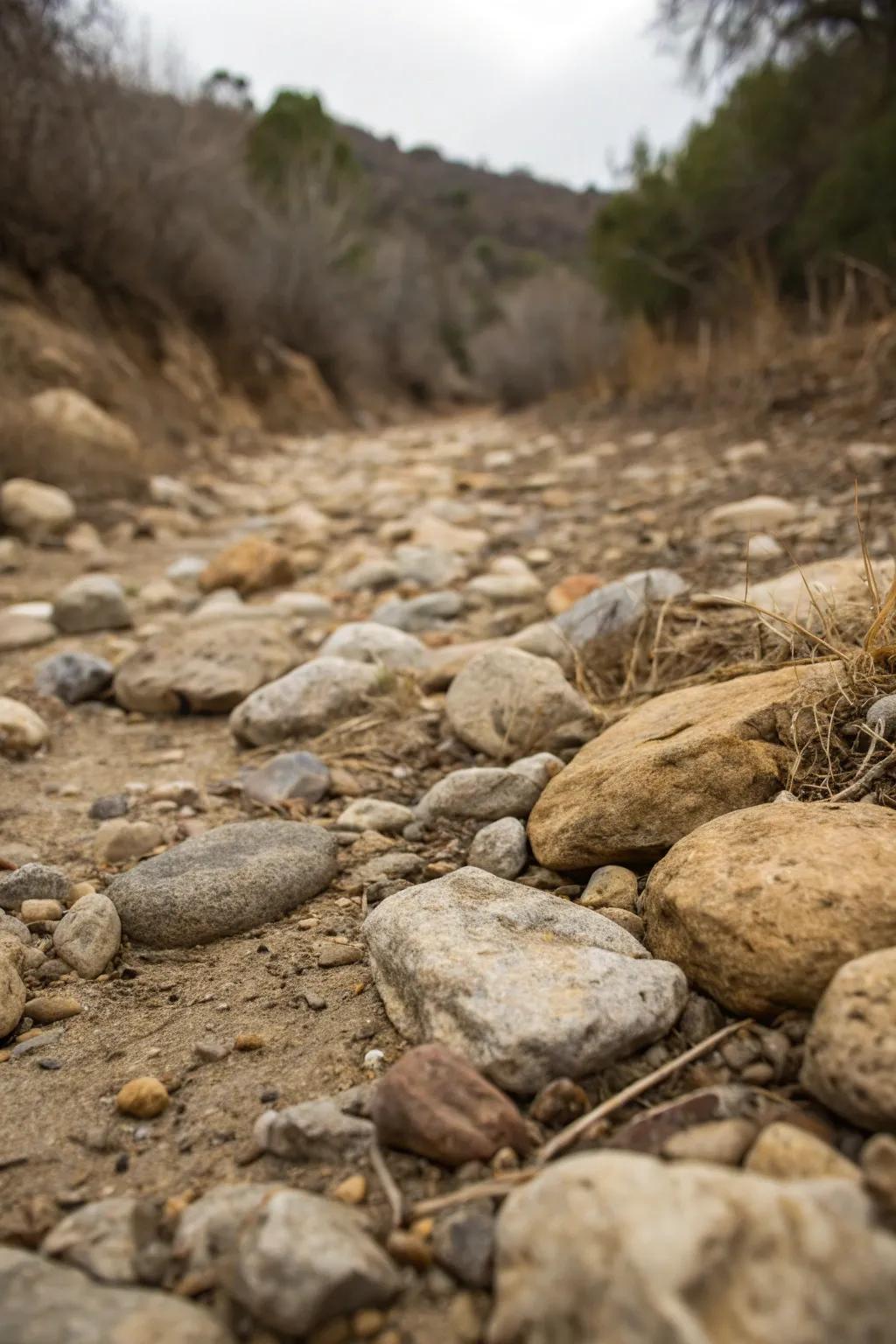 Mix stone textures for a full, layered effect in your dry streambed.