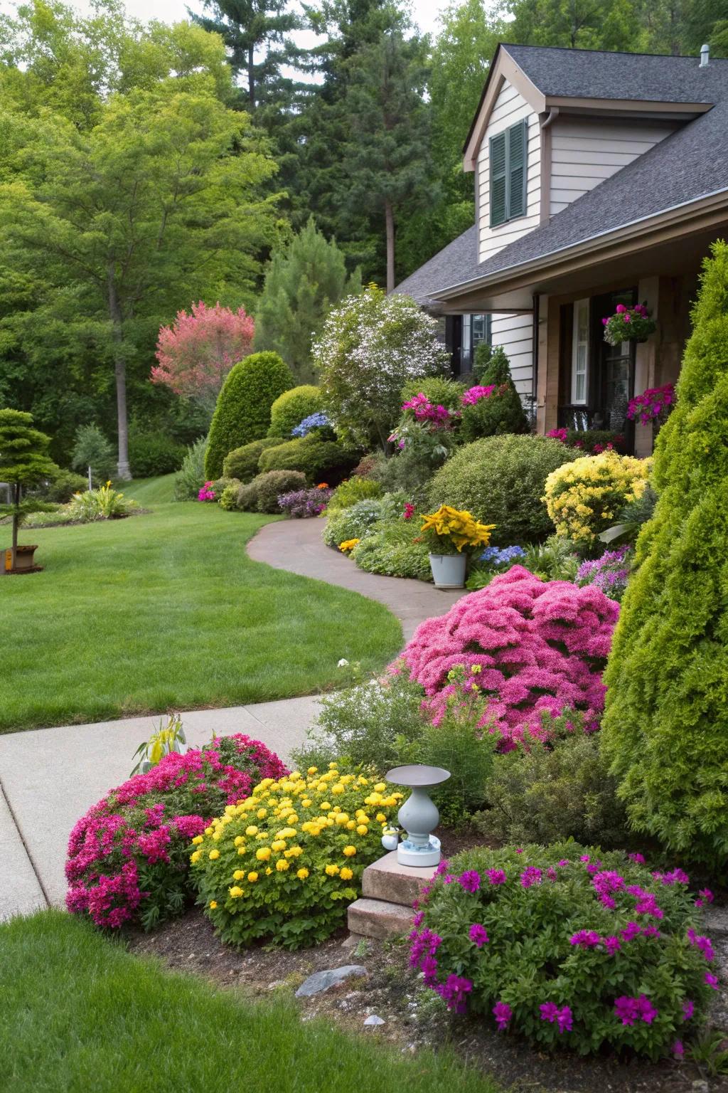 Evergreens and seasonal flowers create a captivating contrast.