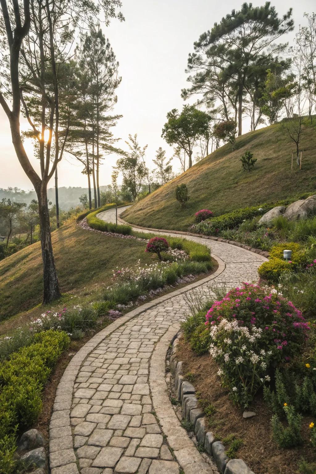 Stone walkways offer an organic flow through your inclined front yard.
