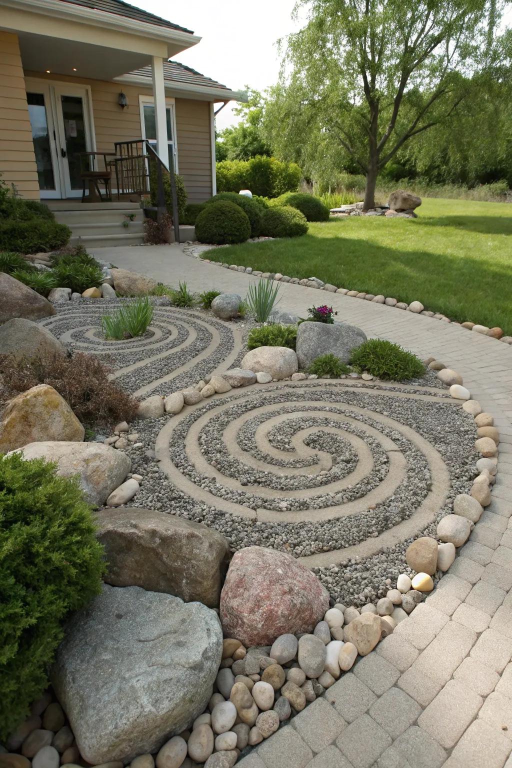 A front yard rock garden displaying a swirling artistic stone layout.