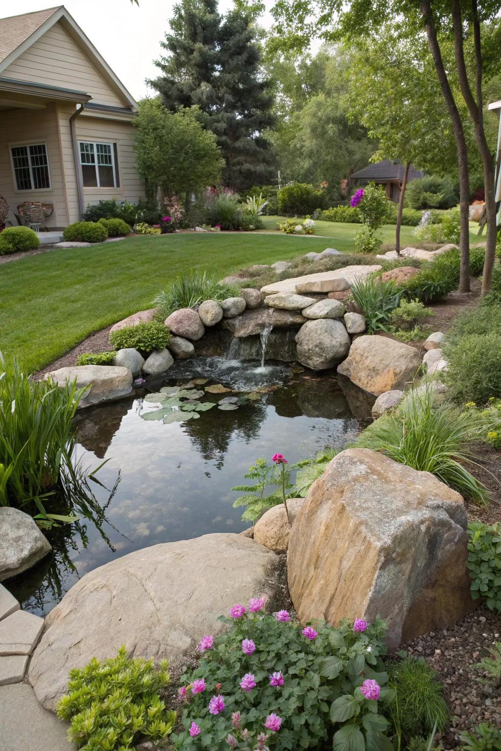Intensify your setting with a peaceful water feature accented by large stones.