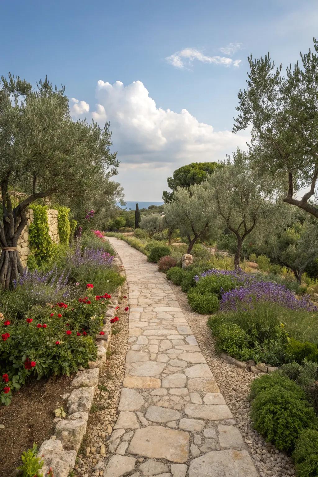 A rustic stone and crushed rock pathway brings traditional charm to this front yard.
