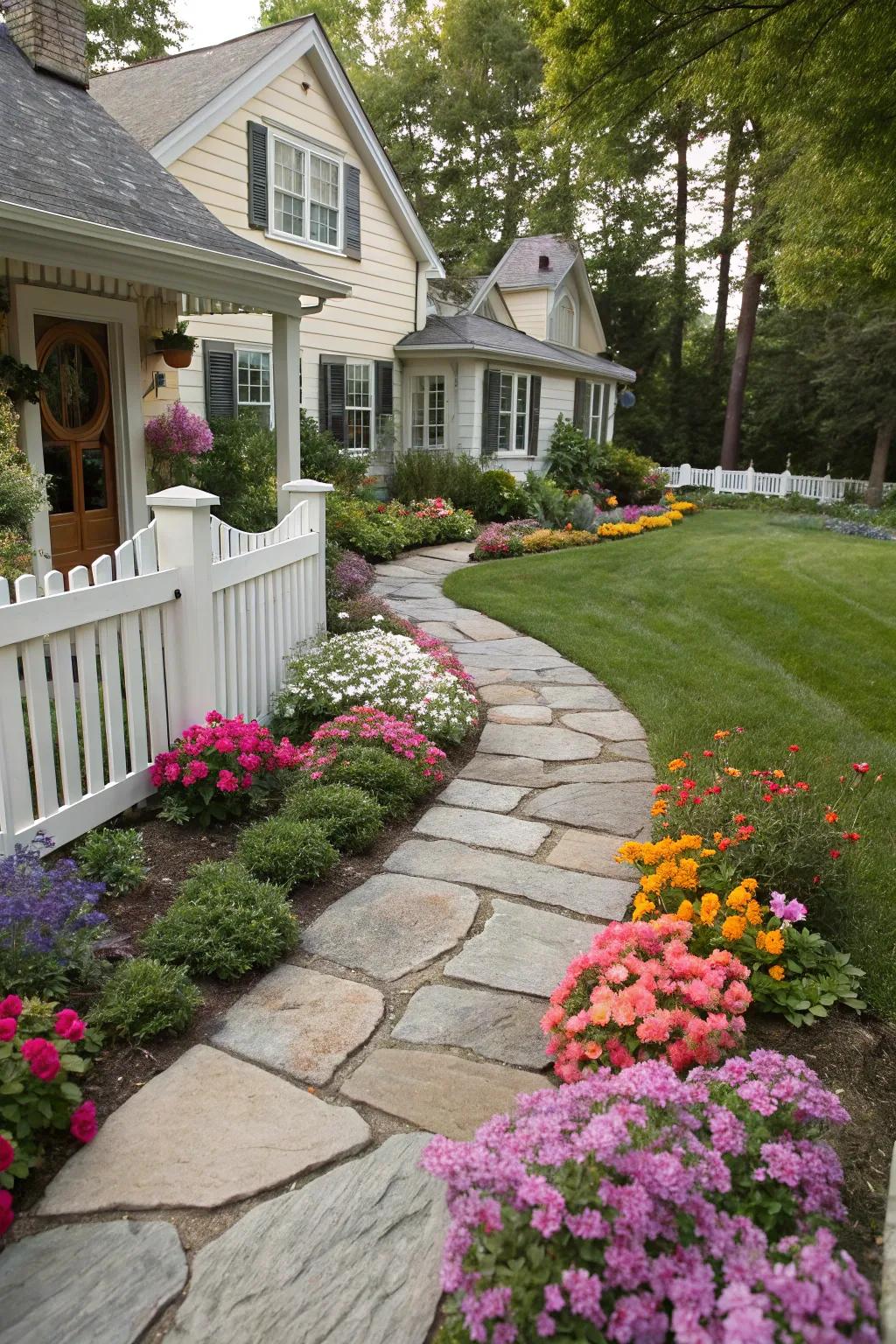 Colorful flower beds deliver an explosion of vibrancy to any front yard.