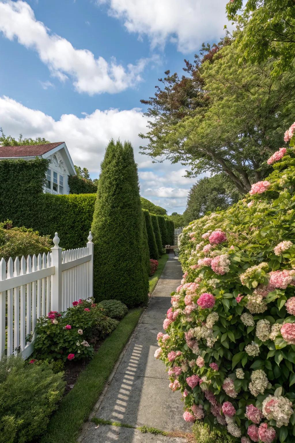 Green walls and bushes fashion natural privacy screens that harmonize with the scenery.