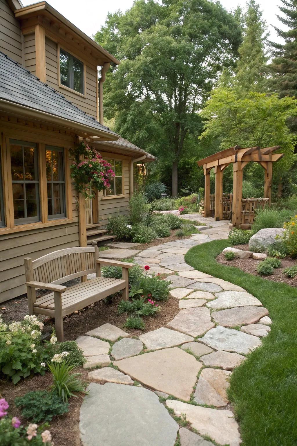 Natural stone walkways boosting the ranch home's appeal