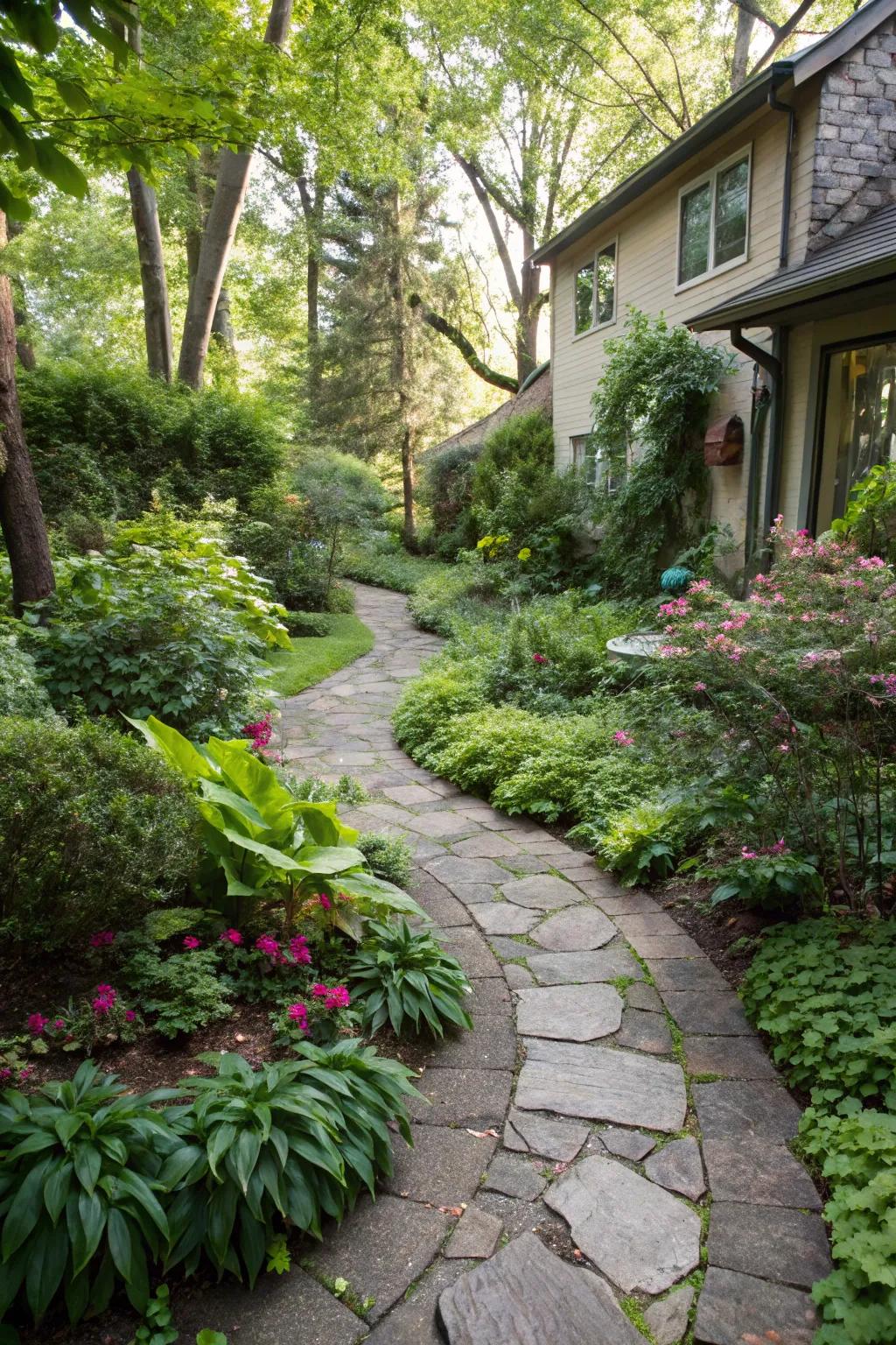 A stone pathway provides structure and guides you through the garden.