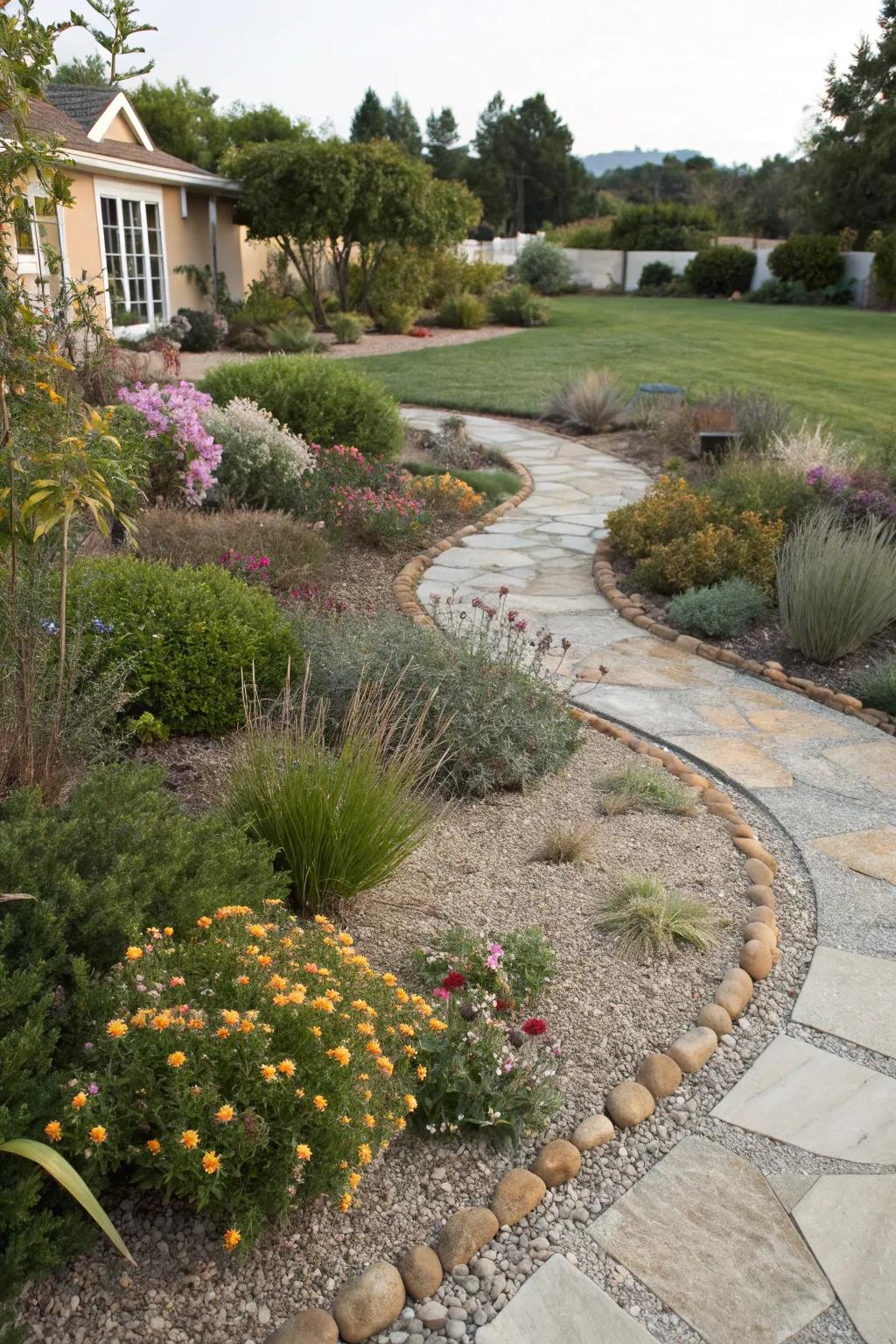 Gravel and stone walkways lend structure and refinement to a water-wise garden.