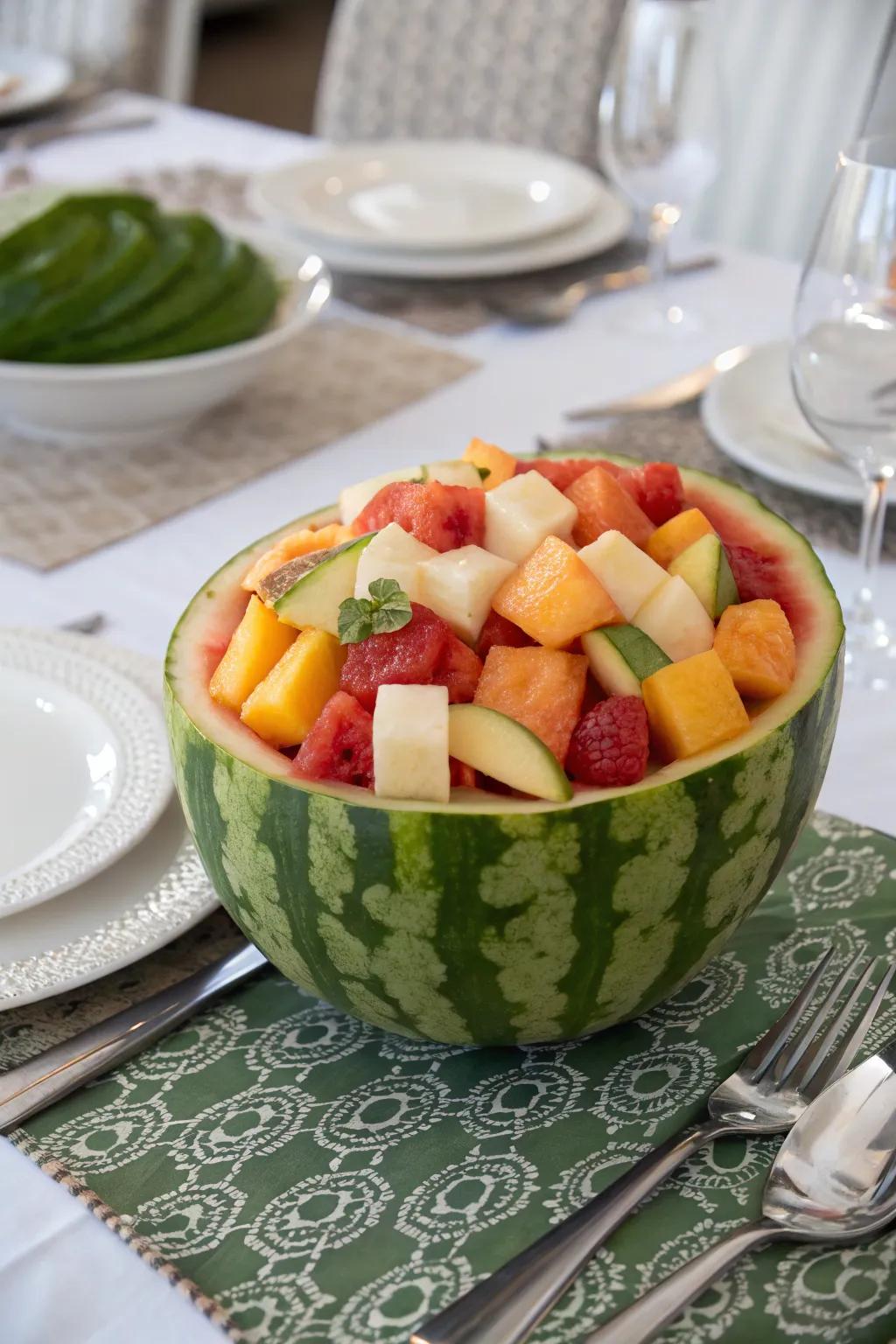 A carved watermelon bowl filled with fruit cubes adds a rustic charm.
