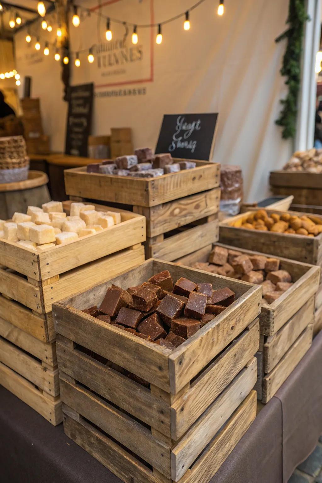Natural wood containers filled with delightful sweet squares.