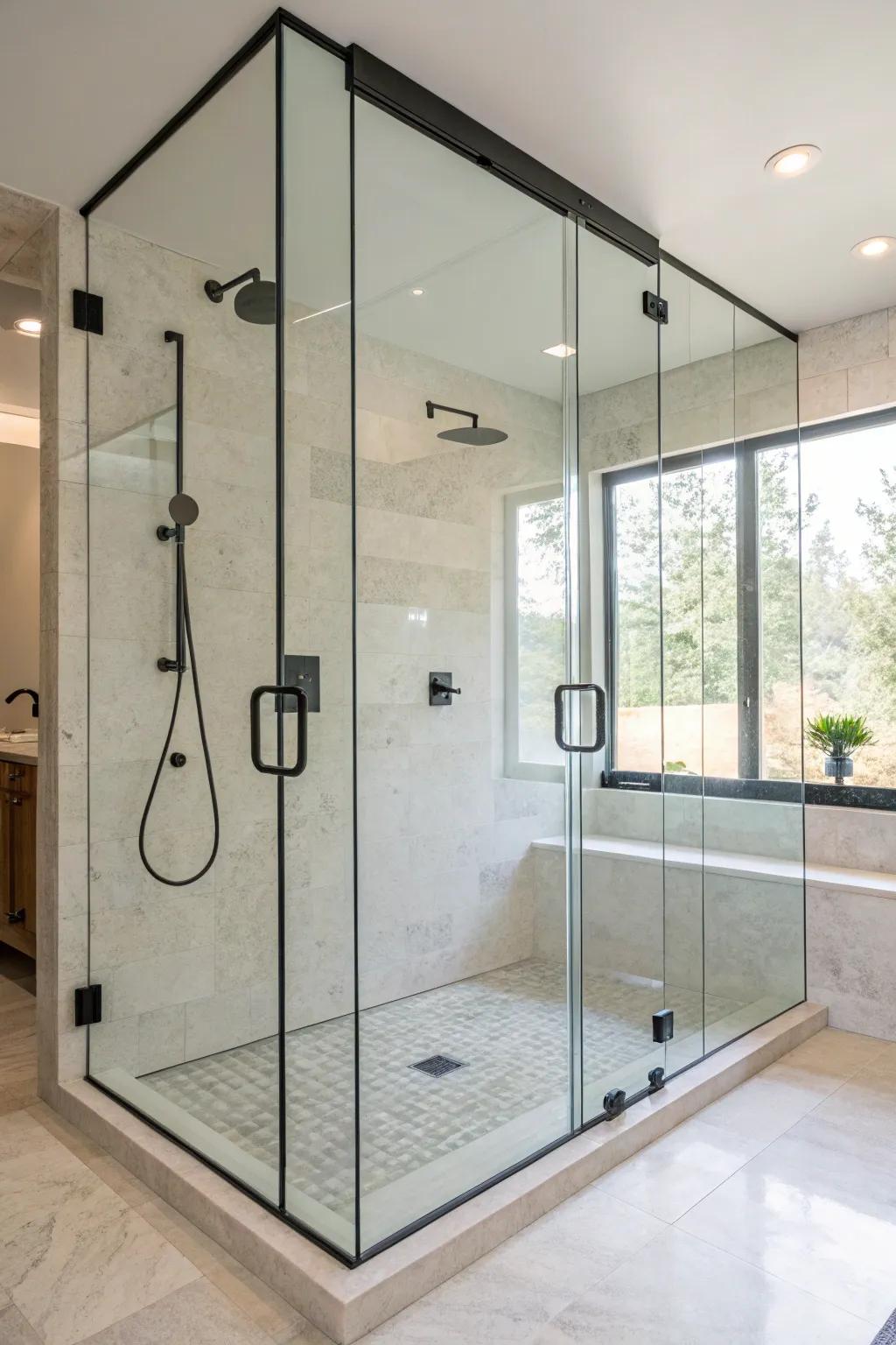 A modern step-in shower that lends a dash of luxury and spaciousness.