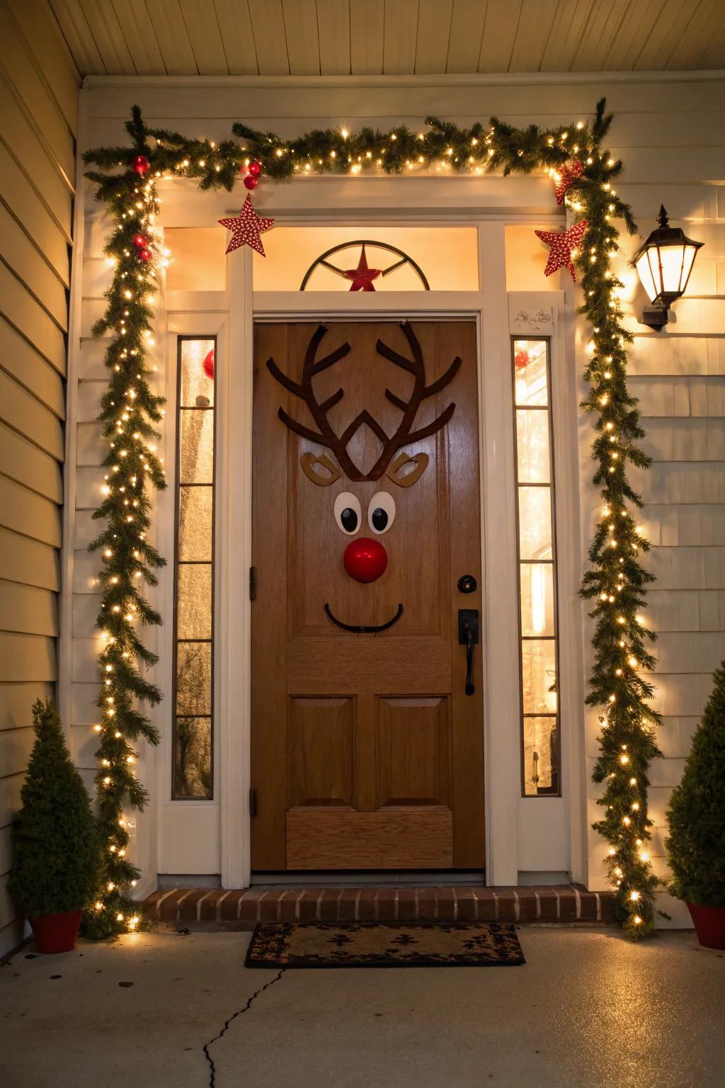 Rudolph's antlers and red nose create a fun and welcoming Christmas door decoration.