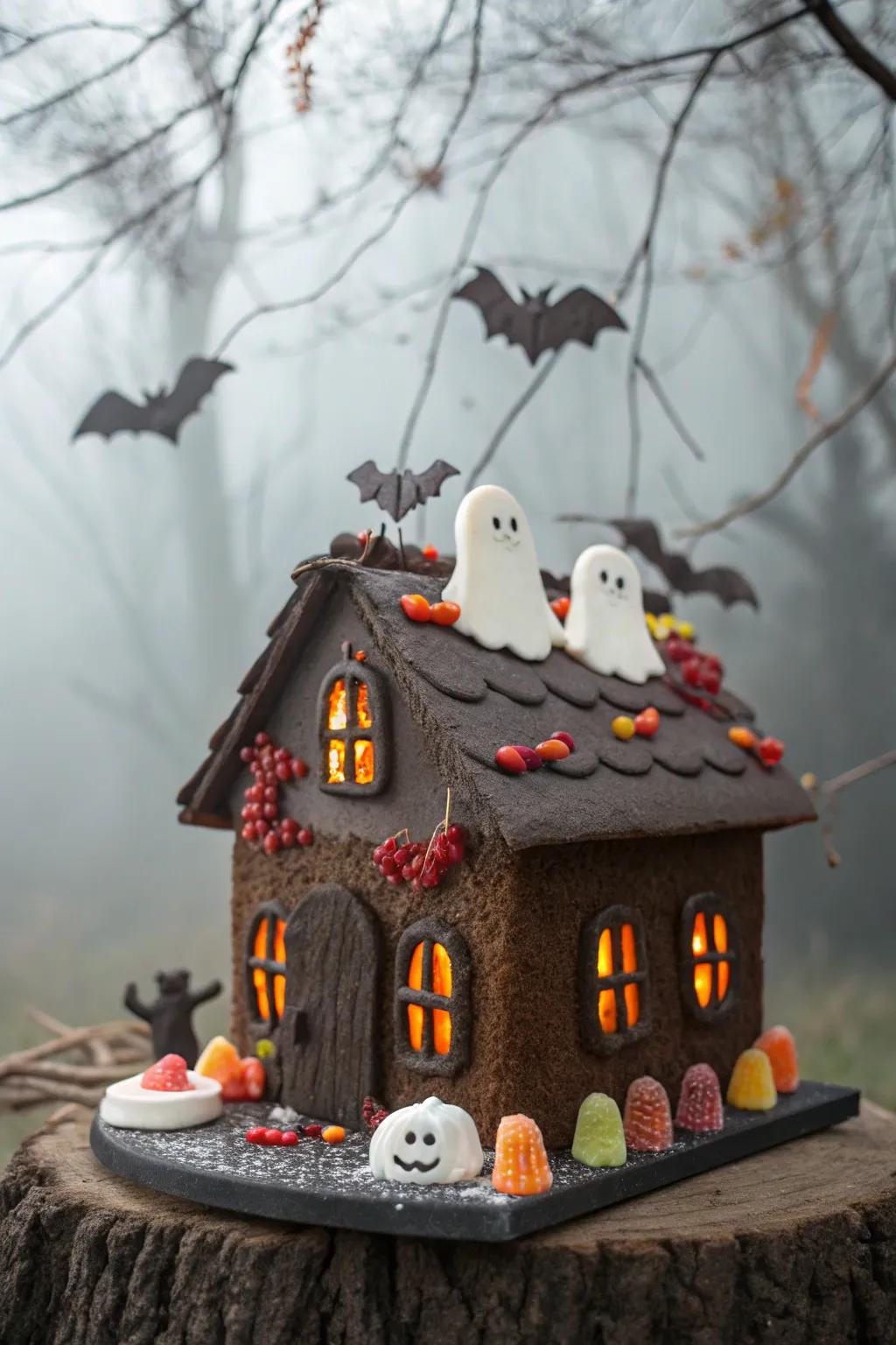 A spooky gingerbread manor with a Halloween vibe
