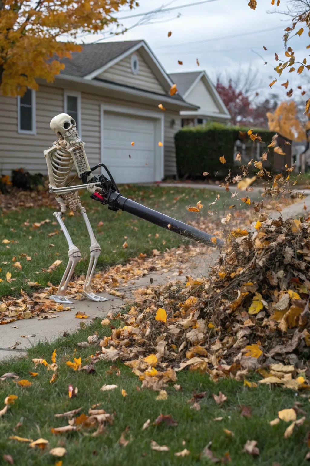 A skeleton tackling yard work with a leaf blower.