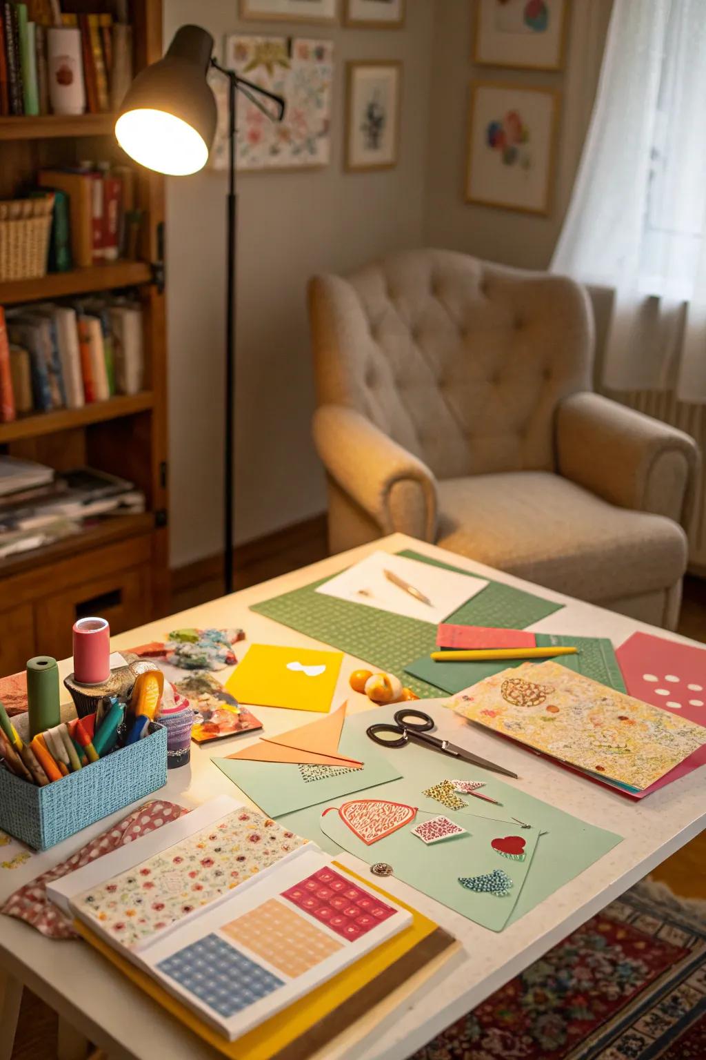 An attractive DIY craft area for creating personalized Galentine's Day decorations.