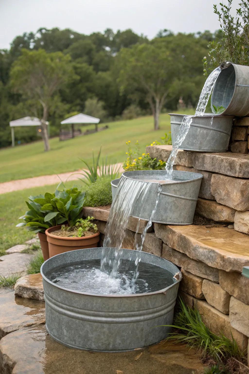 Water flowing through layered basins forms a serene waterfall display.
