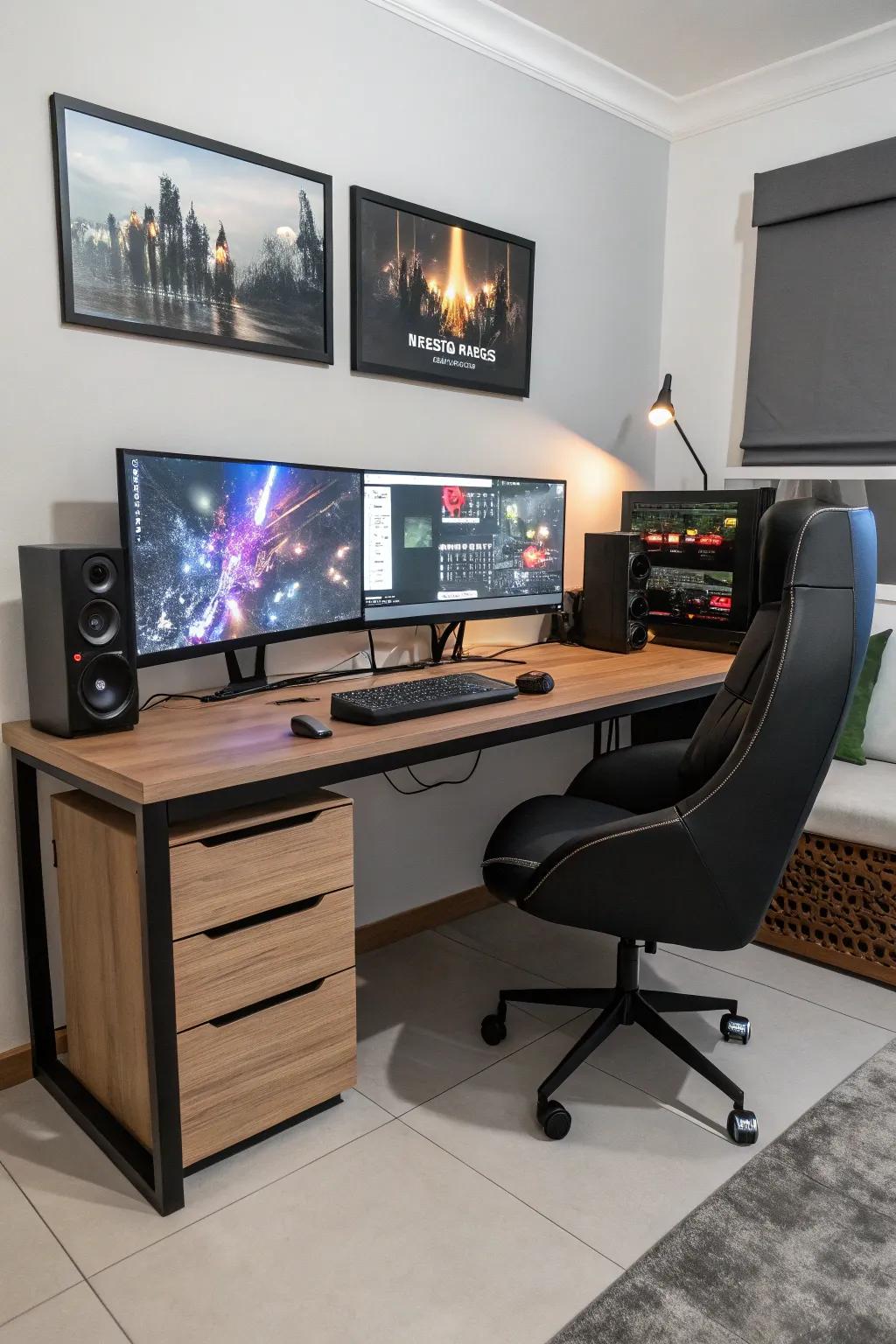 Multiple screens provide a broad gaming field.