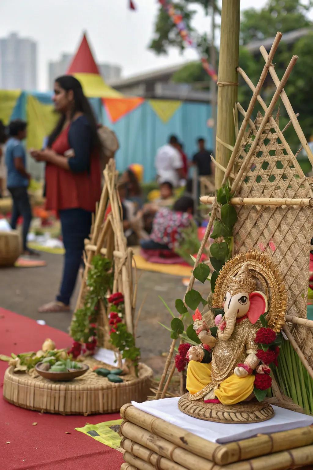 Eco-friendly decorations featuring cane and repurposed materials for a sustainable Ganesh Chaturthi celebration.