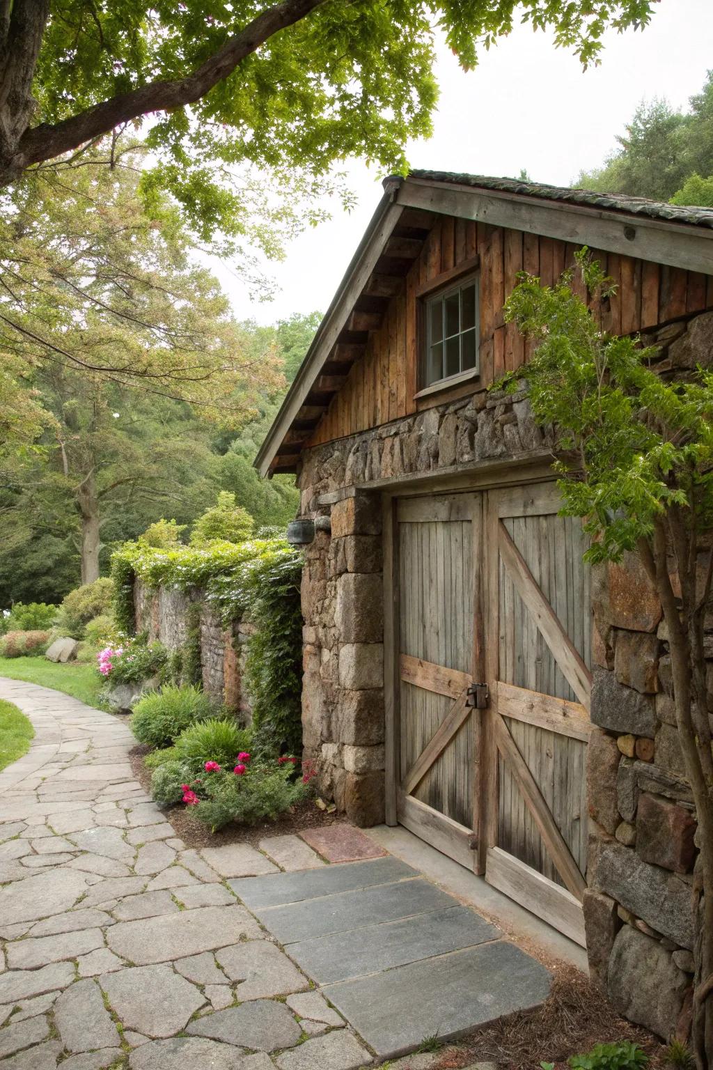 A rustic garage designed to capture the allure of a countryside retreat.