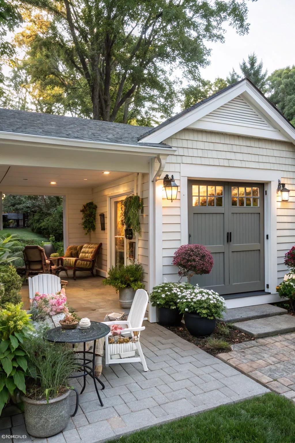 A charming porch adds warmth and functionality to the converted space.
