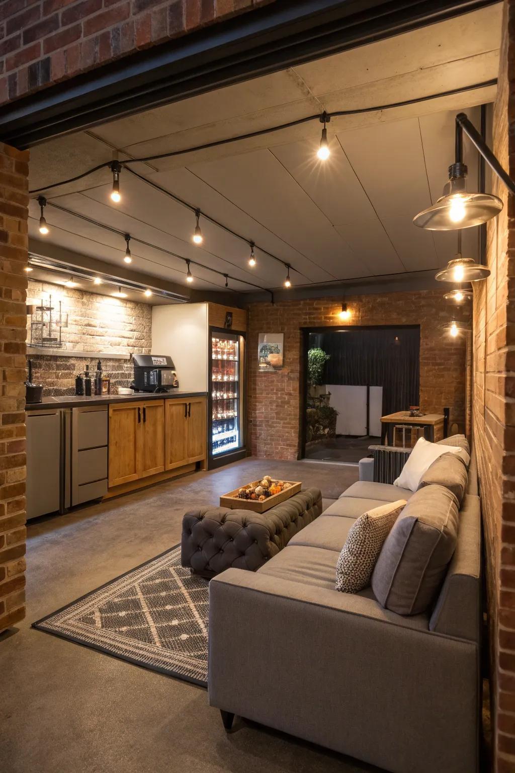 A garage transformed into a stylish lounge perfect for entertaining.