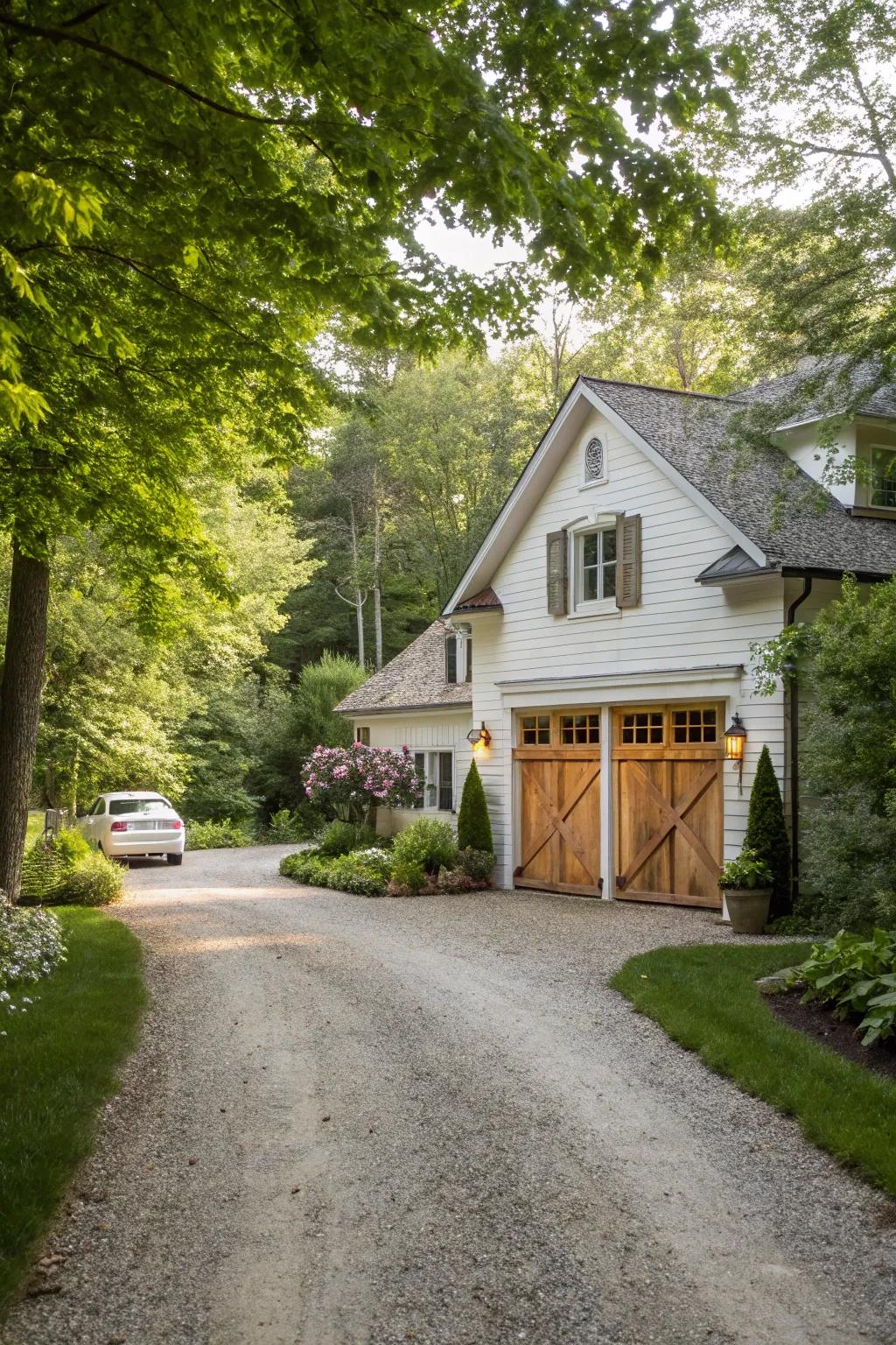 A rocky driveway that complements a countryside house perfectly.