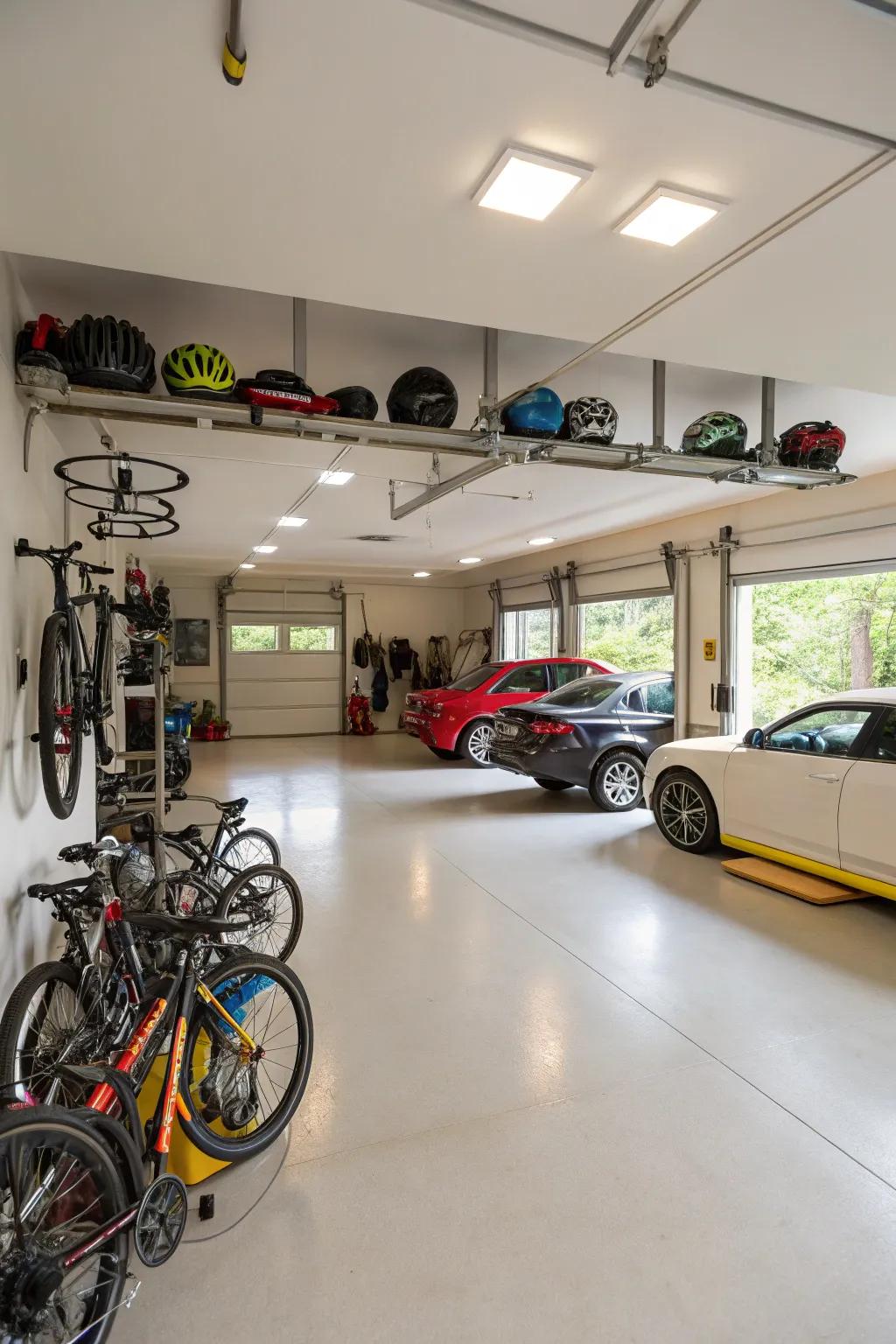 A roomy garage providing sufficient space for vehicles and recreational equipment.