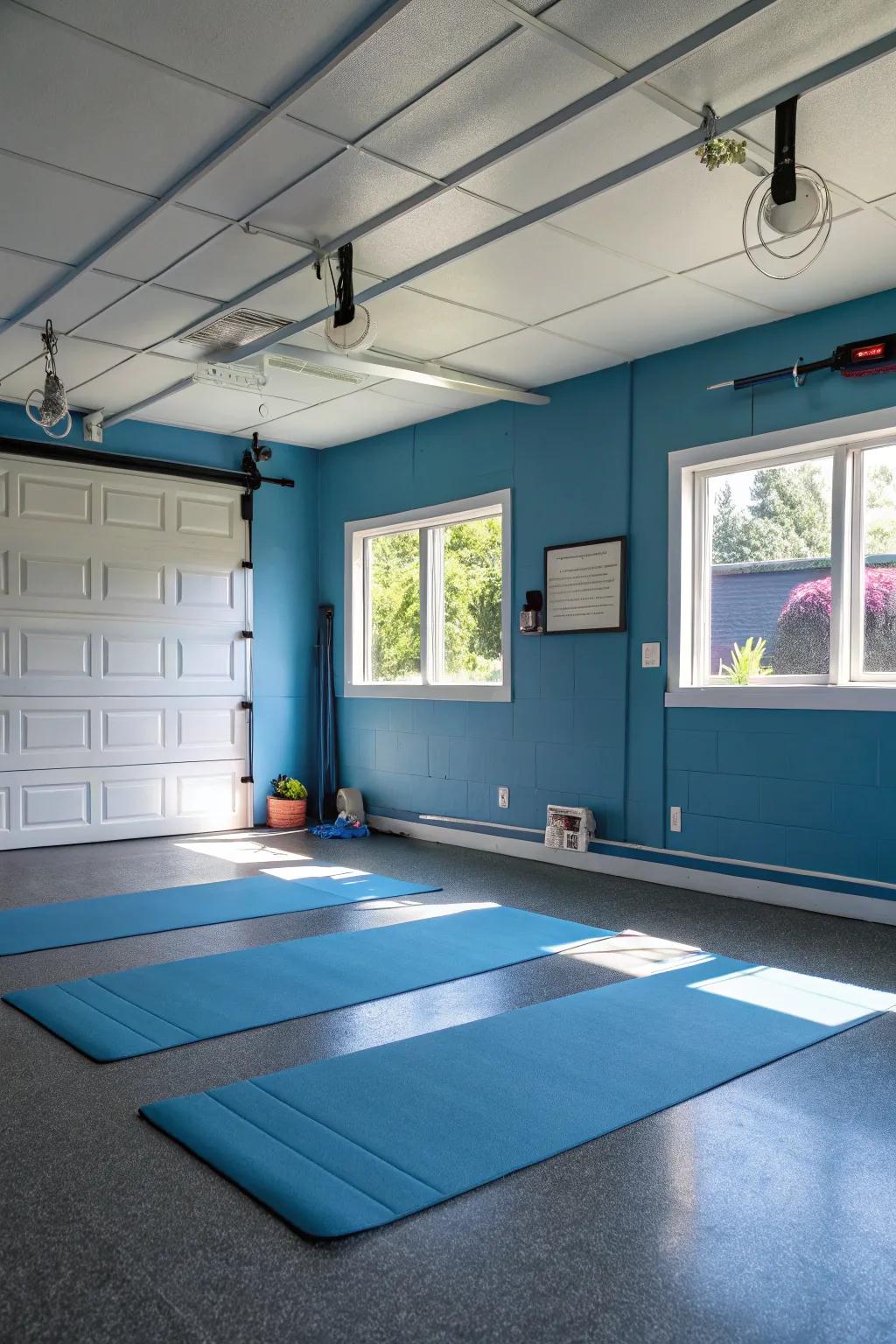 Blue walls fashion a tranquil area for yoga and relaxation.