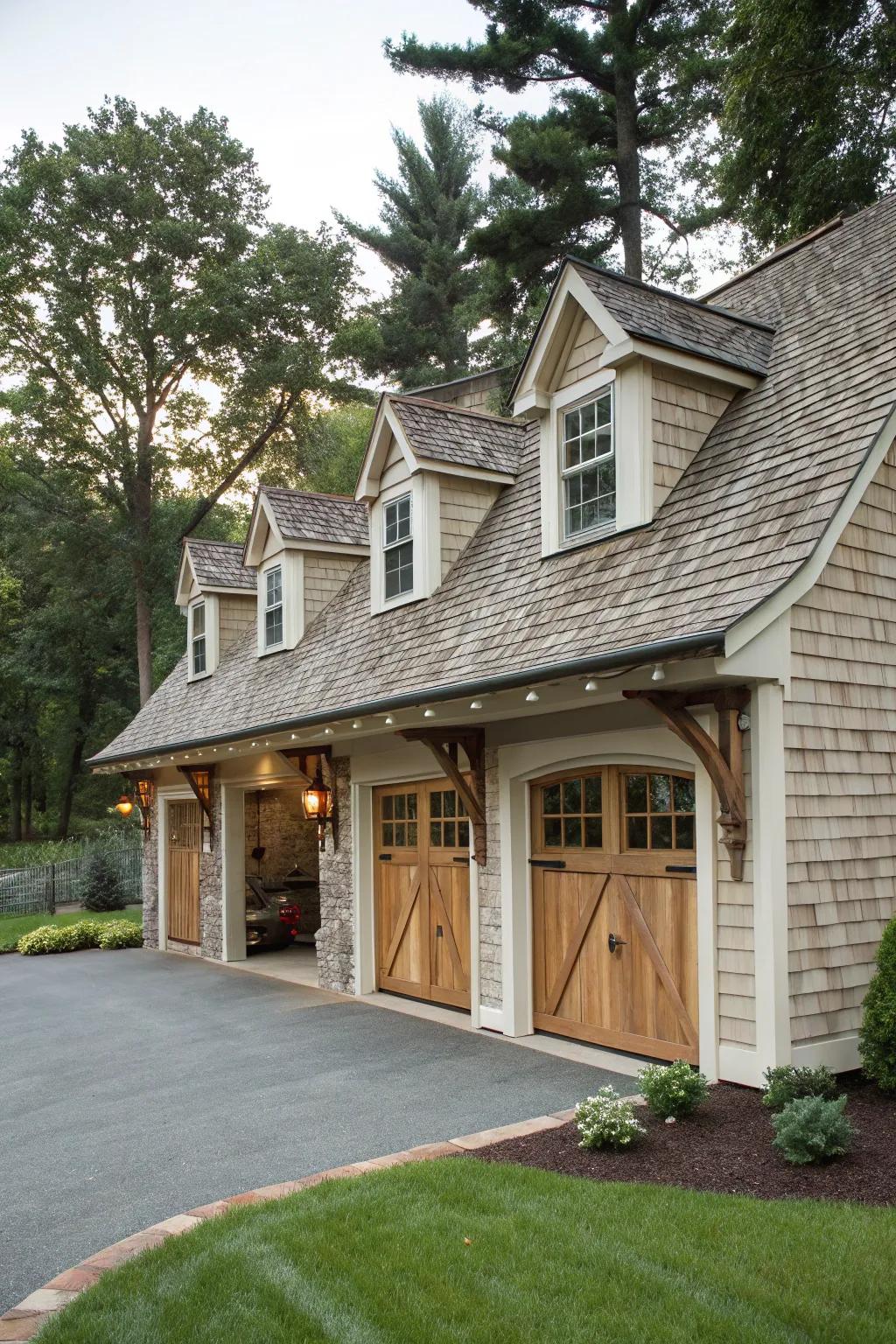 A classic garage made more attractive with lovely dormers.