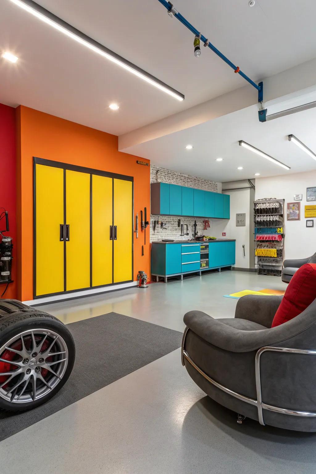 Vibrant wall colors contribute a dynamic element to a typically functional space.