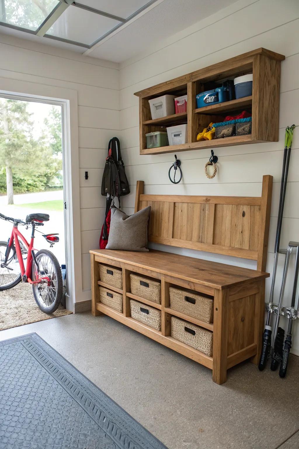 An inviting bench with storage is excellent for keeping footwear out of sight.