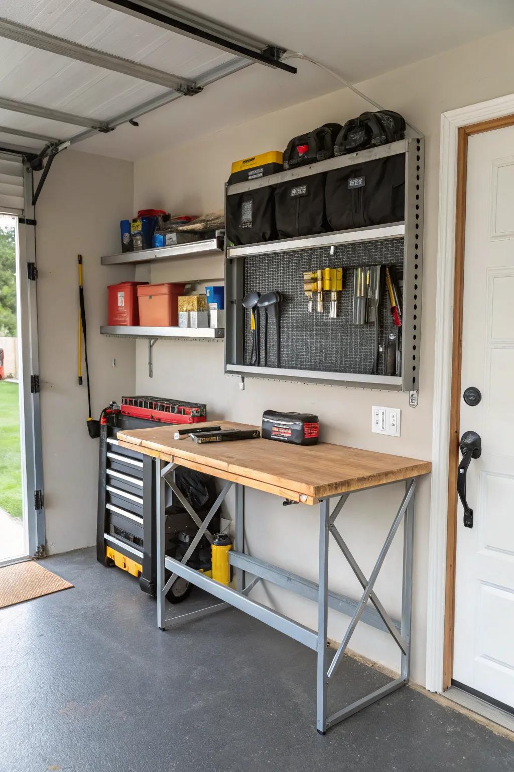 Foldaway workbenches provide great adaptability for small spaces.