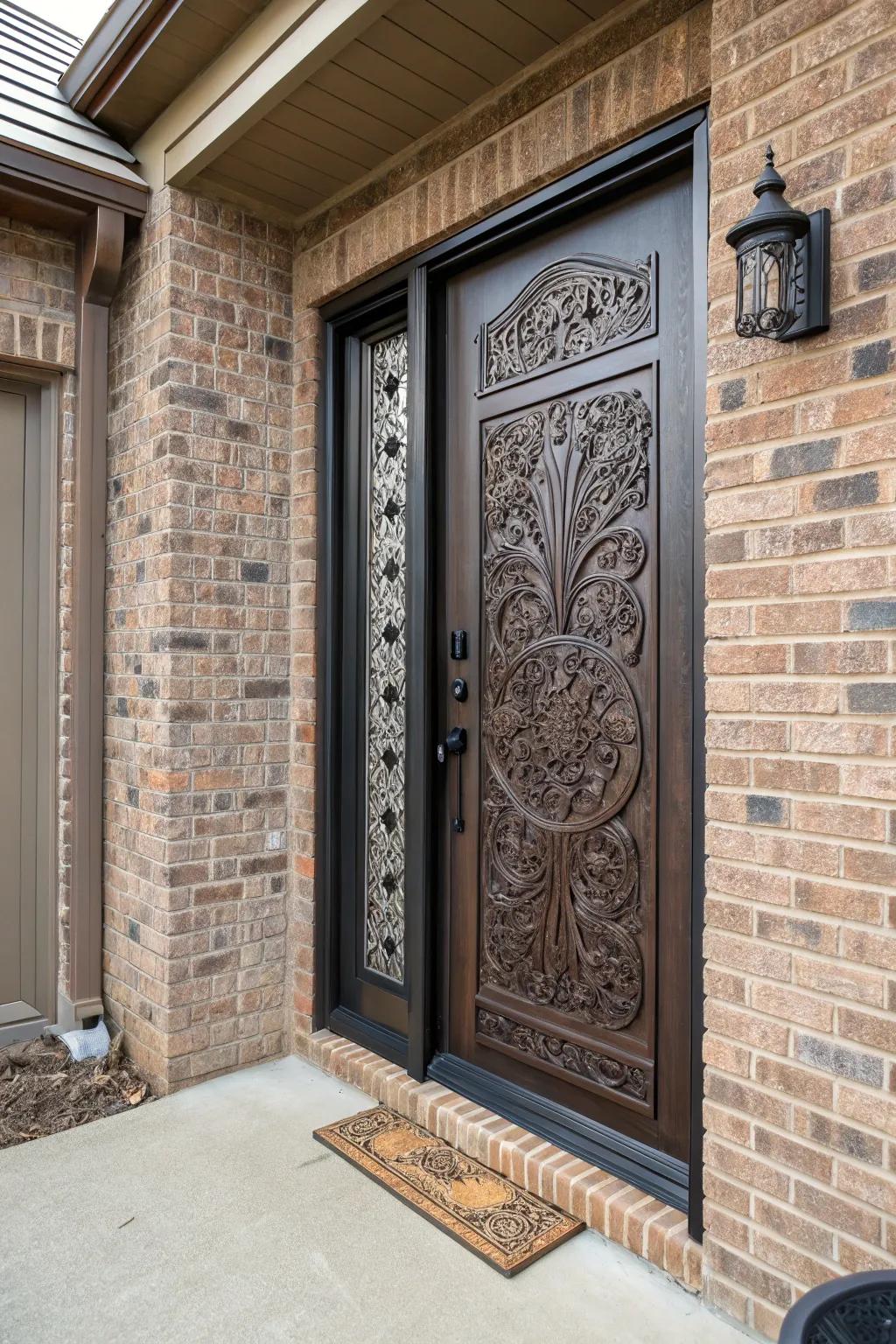 Detailed carvings give a unique feel to this garage side entry door.