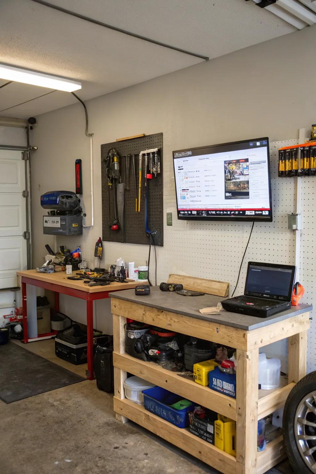 Blend work and leisure in your garage by adding a TV to your workshop area.