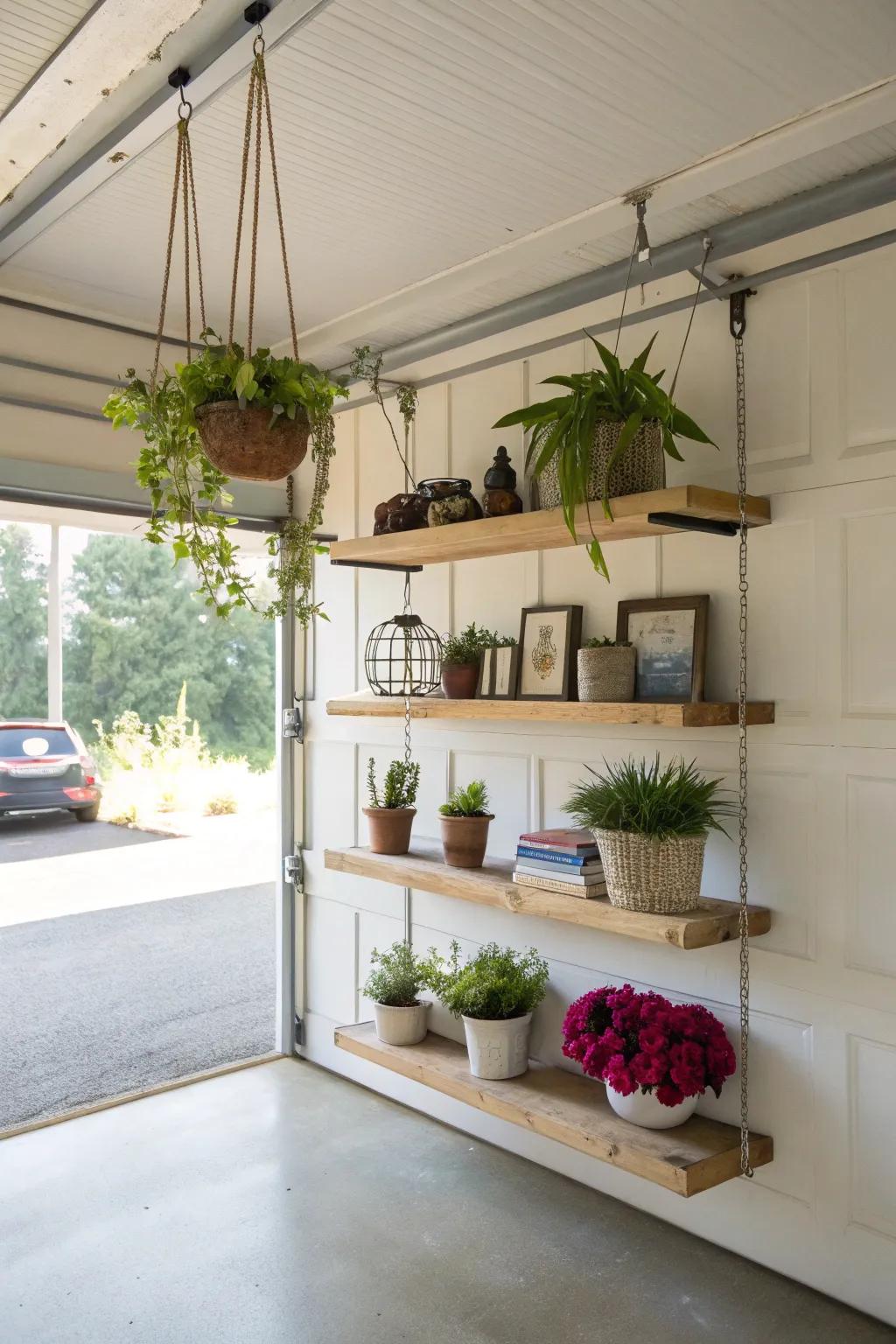 Floating shelves combine utility and elegance on garage walls.