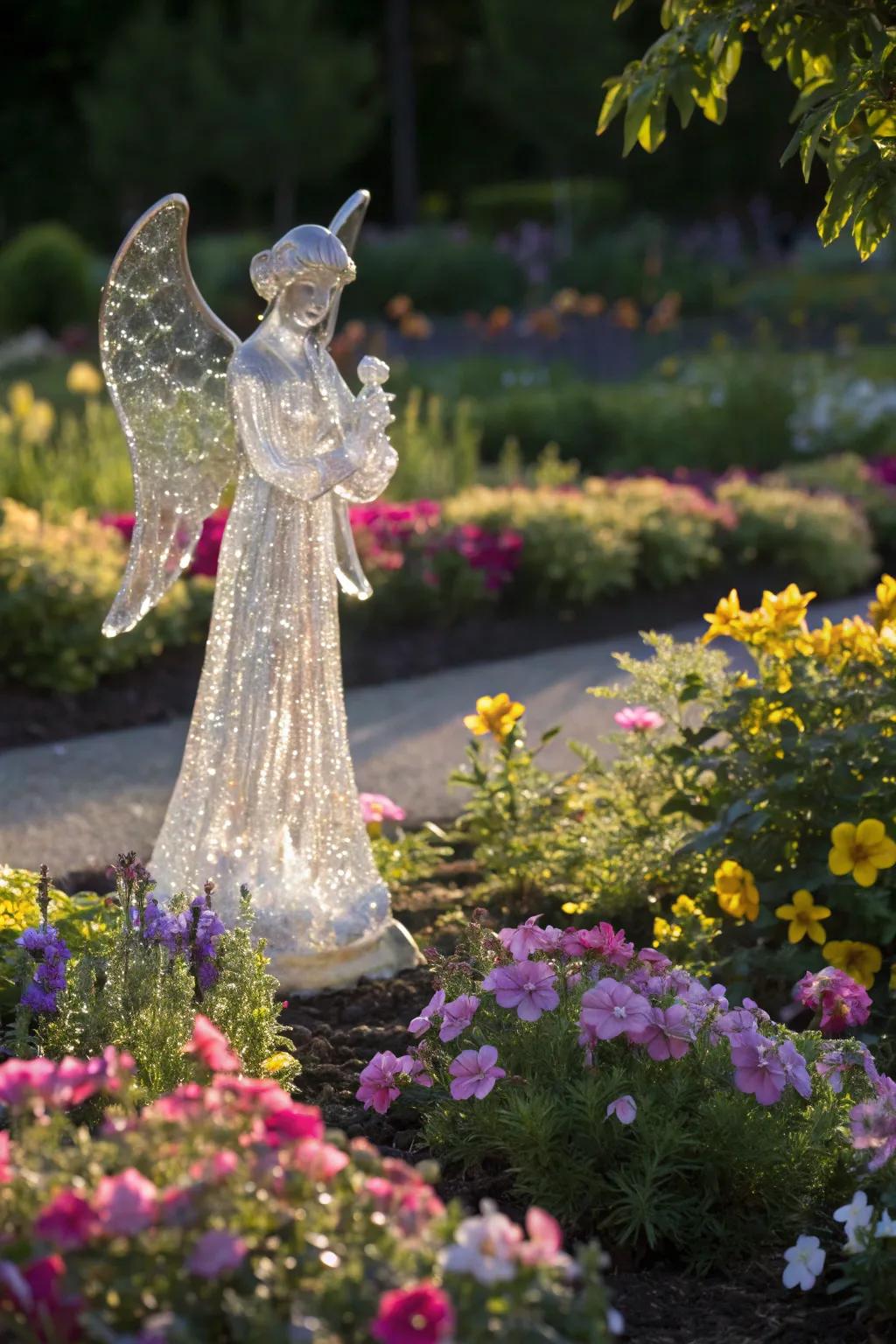 A sparkling glass angel bathed in the morning light.