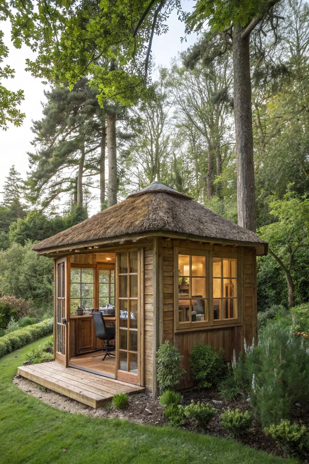 A snug timber retreat in the garden, harmonizing with the surrounding nature.